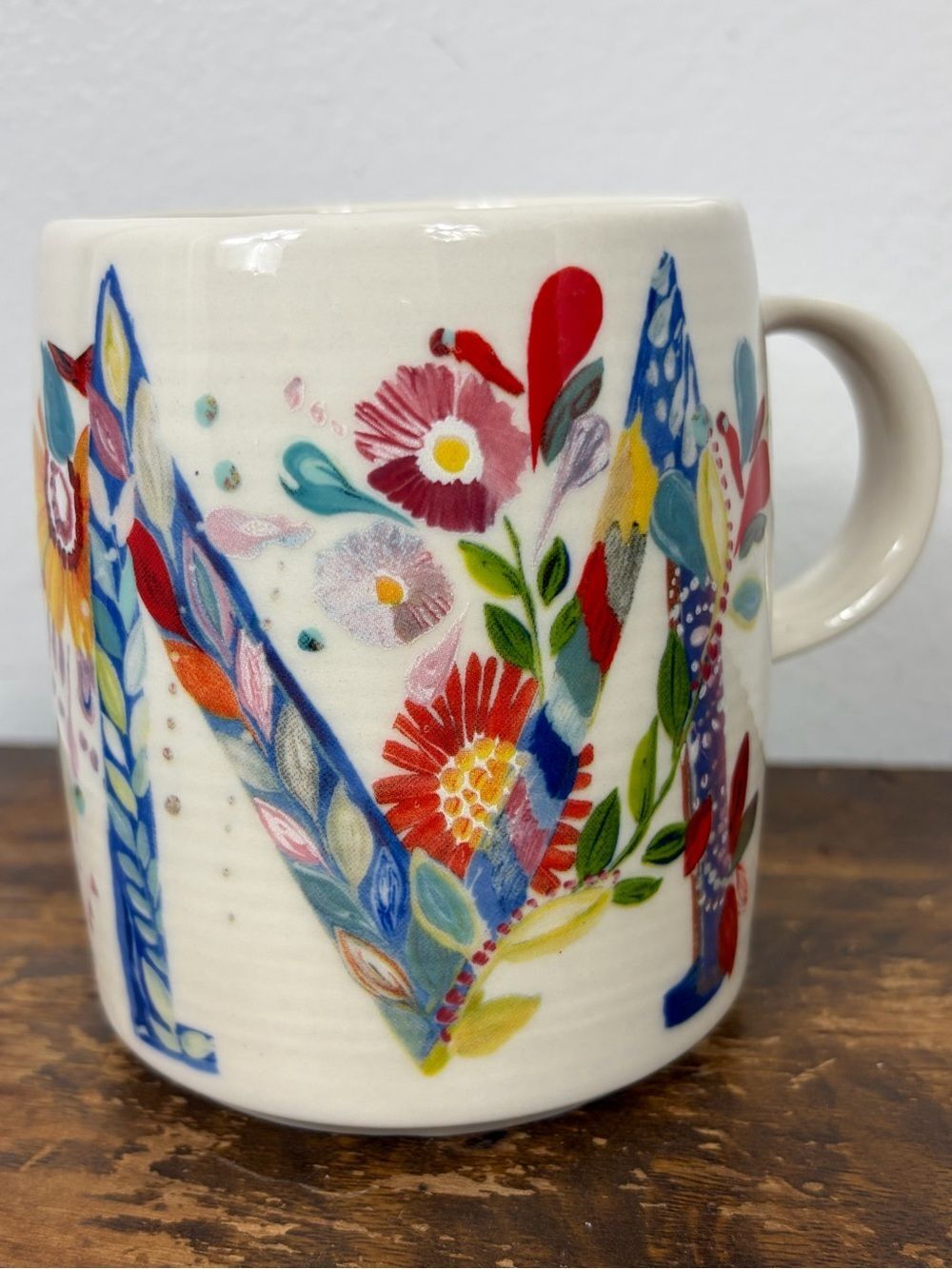 Anthropologie "Petal Palette" floral monogram letter "M" ceramic mug